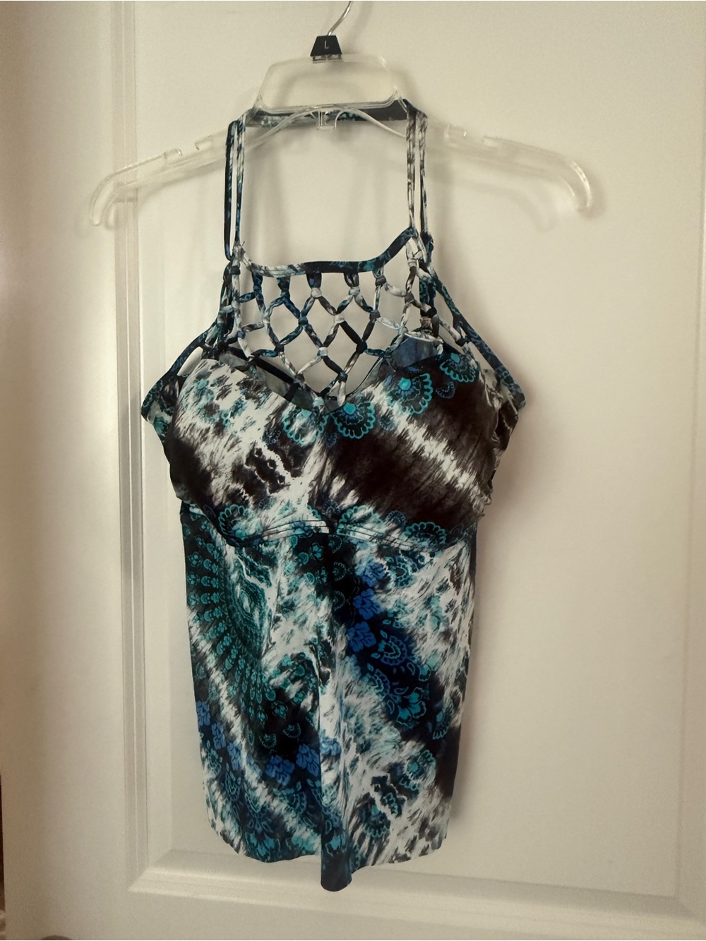 Kohl's Black, White and Blue Lattice-Front Halter Swim Camisole